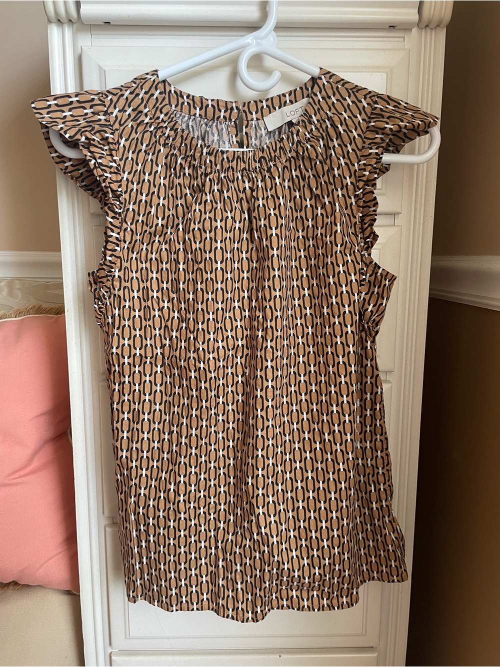 LOFT Tan Geometric Flutter-Sleeve Blouse